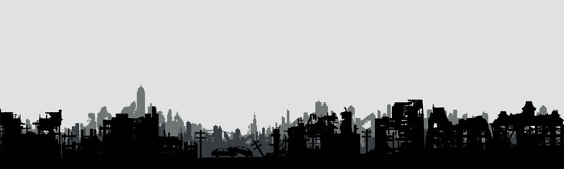 silhouette of a destroyed city
