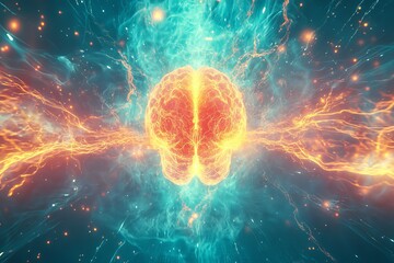 A vibrant digital brain surrounded by glowing data particles symbolizing the complexity of artificial intelligence big data and neural networks in a high tech futuristic environment