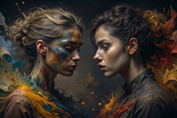 Naklejka premium Autumnal Enchantment: Two women, adorned with vibrant autumnal paint and foliage, gaze intently at each other, their faces a canvas of artistic expression and ethereal beauty. A captivating portrait t