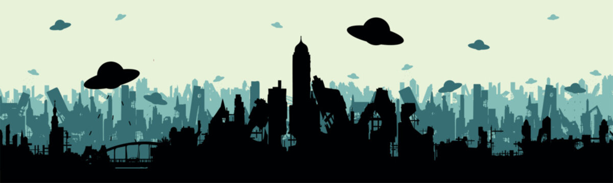 UFO attack on the city. Alien ships destroyed the city. Silhouette of the city on the day of the disaster