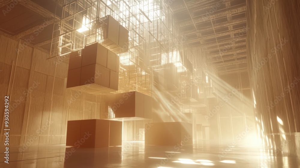 Poster an advanced agi system is engaged in designing complex structures surrounded by soft lighting and to