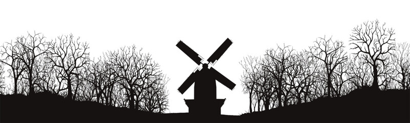Obraz premium Silhouette of a mill in the forest on a white background. Panorama. Vector