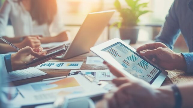 A group of marketers discussing the launch of a new advertising campaign, with laptops and tablets open to marketing plans