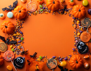 Obraz premium halloween frame made scattered candy decorations orange background space text