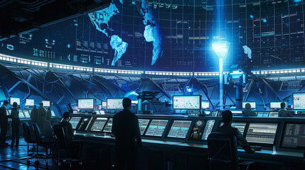 A futuristic scenario where a massive space antenna on Earth is receiving a mysterious signal from deep space. The control room is filled with scientists and engineers