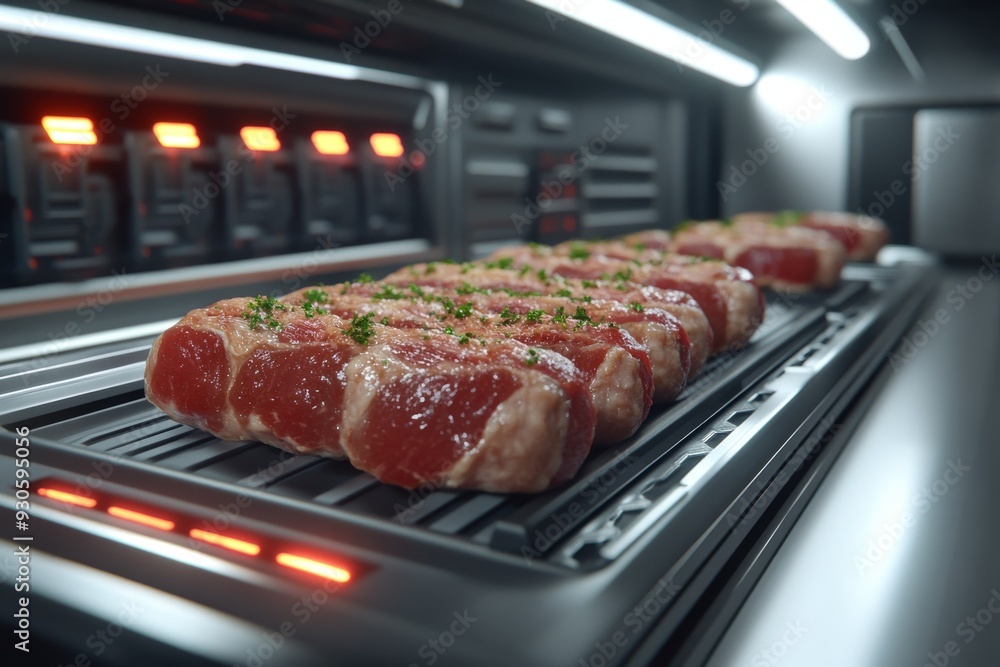 Aufkleber a high tech meat processing line with steaks being prepared symbolizing the efficiency innovation an