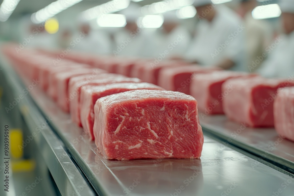 Aufkleber rows of steaks on a conveyor belt in a high tech facility symbolizing the efficiency speed and innov