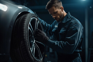 Mechanic Fixing Car Wheel.