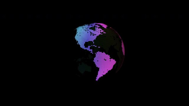 Animation of spinning globe of the Earth planet from particulars in rainbow colors on dark background, 4K seamless loop earth globe tech animation