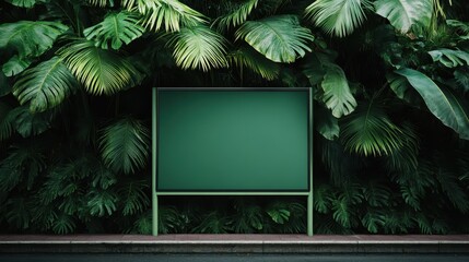 A green advertisement billboard seamlessly integrated into dense tropical foliage, blending modern advertising techniques with lush natural elements for an impactful visual.