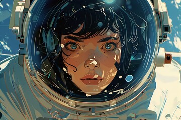 Caricature of a Woman Astronaut Taking Her First Step in Space.