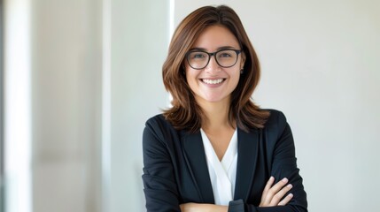 Confident businesswoman smiling in a professional environment, showcasing a stylish look and a positive attitude.