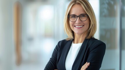Confident businesswoman smiling in an office environment, showcasing professionalism and approachability.