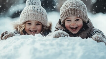 Two children gleefully play and laugh while fully immersed in a snowy winter wonderland, capturing moments of pure joy and hearty fun amidst the snowflakes.