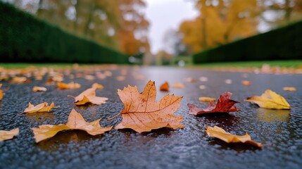 Colorful autumn leaves are scattered on wet asphalt, showcasing droplets of water, with vibrant green hedges behind, creating a beautiful seasonal scene