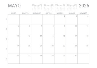 Mayo Calendario 2025 Mensual para imprimir con numero de semanas A4	