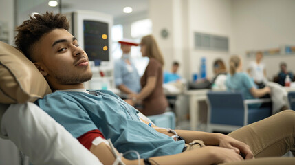A bright, clean blood donation center where a young male donor is lying on a reclining chair with a needle in his arm, connected to a blood bag. 