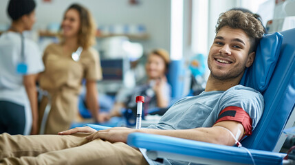 A bright, clean blood donation center where a young male donor is lying on a reclining chair with a needle in his arm, connected to a blood bag. 