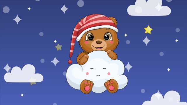 Cute cartoon brown bear in a nightcap flies on a cloud. Night animation of animal. Looped background.