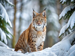 Fototapeta premium A majestic Eurasian lynx crouches low, eyes fixed intently, tail twitching, as it stealthily stalks its prey through a snow-covered forest landscape.