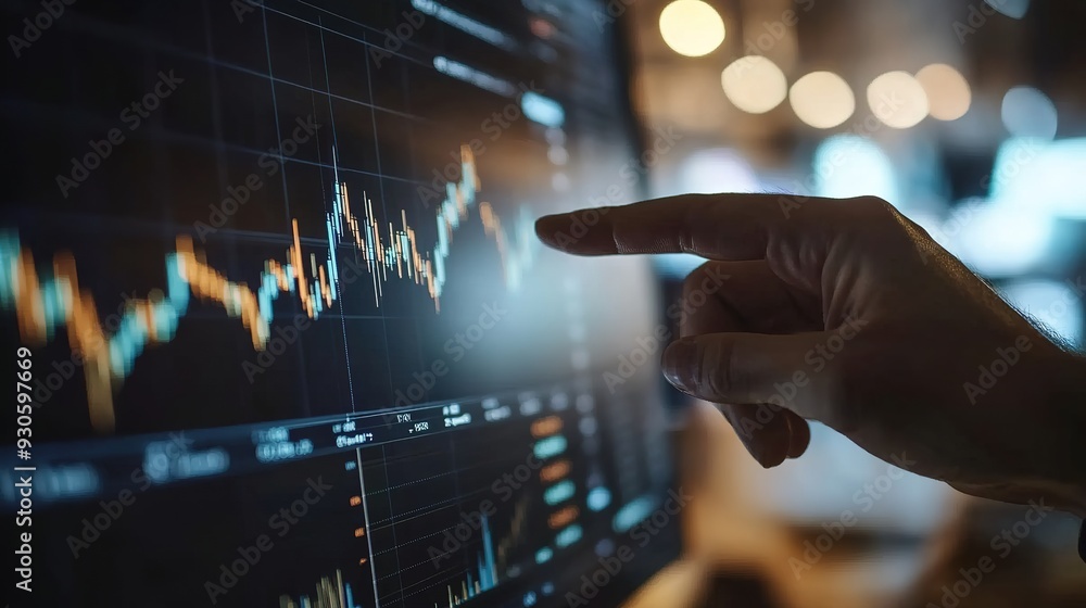 Poster a hand pointing at a financial chart on a computer screen, analyzing stock market performance in a p