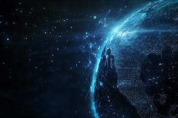 Abstract digital background banner featuring the Earth with data connection elements in blue and black colors