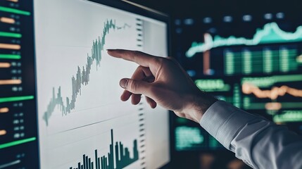 A hand pointing at a financial chart on a computer screen, analyzing stock market performance in a professional setting