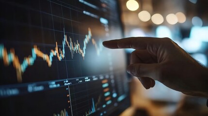 A hand pointing at a financial chart on a computer screen, analyzing stock market performance in a professional setting