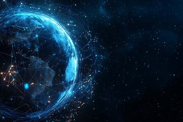 Obraz premium Abstract digital background banner featuring the Earth with data connection elements in blue and black colors