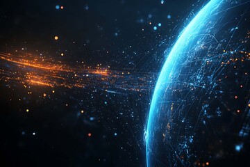 Obraz premium Abstract digital background banner featuring the Earth with data connection elements in blue and black colors