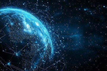 Obraz premium Abstract digital background banner featuring the Earth with data connection elements in blue and black colors