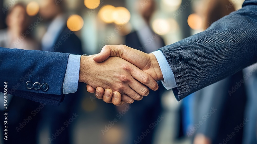Poster a handshake between two executives, with other professionals in the background participating in a ne