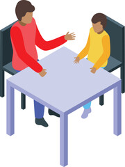 Social worker talking to young boy sitting at desk in orphanage