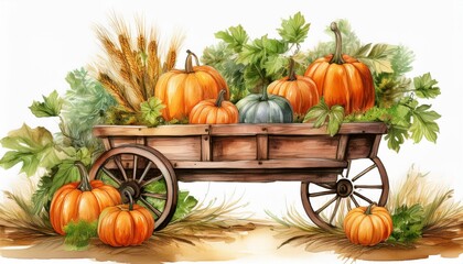 Wooden cart with pumpkins and autumn herbs painted in watercolor. Autumn illustration, harvest, farming, October.