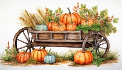 Wooden cart with pumpkins and autumn herbs painted in watercolor. Autumn illustration, harvest, farming, October.