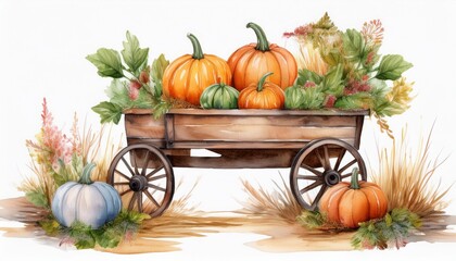 Wooden cart with pumpkins and autumn herbs painted in watercolor. Autumn illustration, harvest, farming, October.
