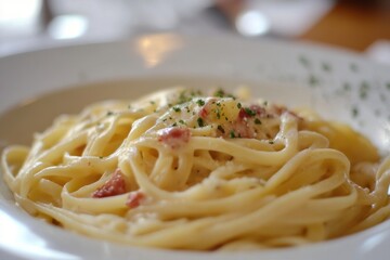 Italian pasta with pieces of meat close-up for serving.
