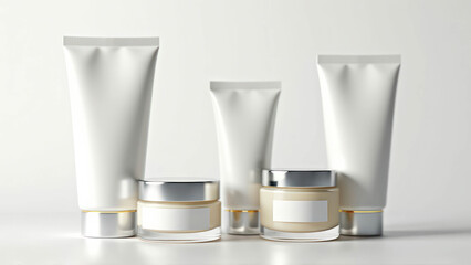 Cosmetic Cream Tubes And Jars Template, With Blank Label On White Background, Copy Space For Product Trade Name