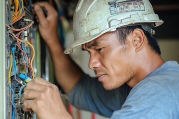 Close up of electrician working at construction site