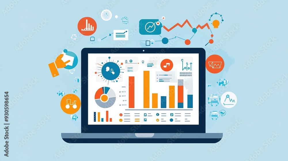 Poster a laptop displaying a digital marketing dashboard with key metrics and social media performance indi