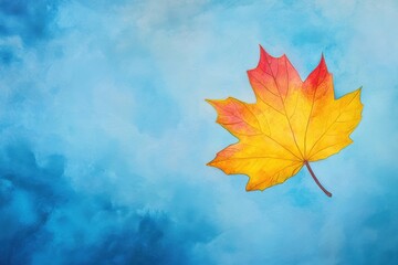 Autumn maple leaf on vibrant blue watercolor background