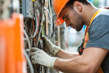 Close up of electrician working at construction site