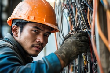 Close up of electrician working at construction site