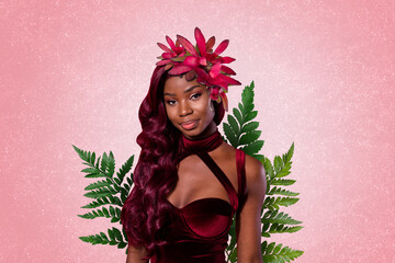 Composite trend artwork 3D sketch image photo collage of young lady stand nature leaves model...