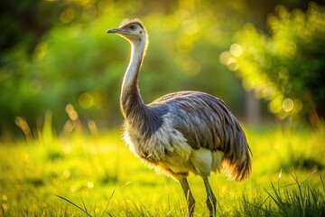 Fototapeta premium A majestic rhea bird stands proudly in a green meadow, its soft gray and brown plumage glistening in the sunlight, with a curious gaze.