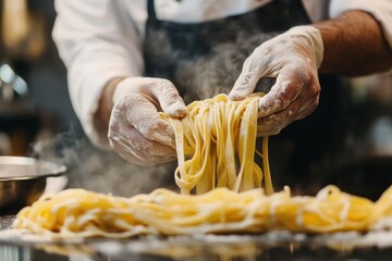 Close up of hands of professional chef preparing pasta while working in kitchen