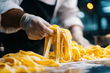 Close up of hands of professional chef preparing pasta while working in kitchen