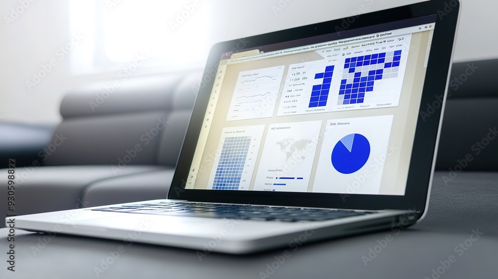 Poster a laptop displaying a digital marketing dashboard with key metrics and social media performance indi
