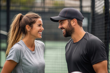 A smiling man and woman wearing sports visors and athletic wear are looking at each other on a tennis or padel court. They embody active lifestyle, teamwork, and sportsmanship.