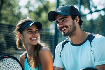 A smiling man and woman wearing sports visors and athletic wear are looking at each other on a tennis or padel court. They embody active lifestyle, teamwork, and sportsmanship.